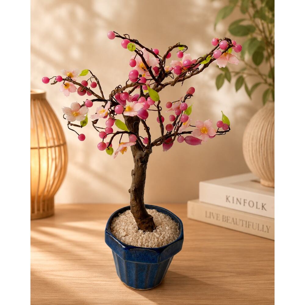 Andrea Glass Japanese Cherry Blossom Bonsai Tree with pink blossoms.